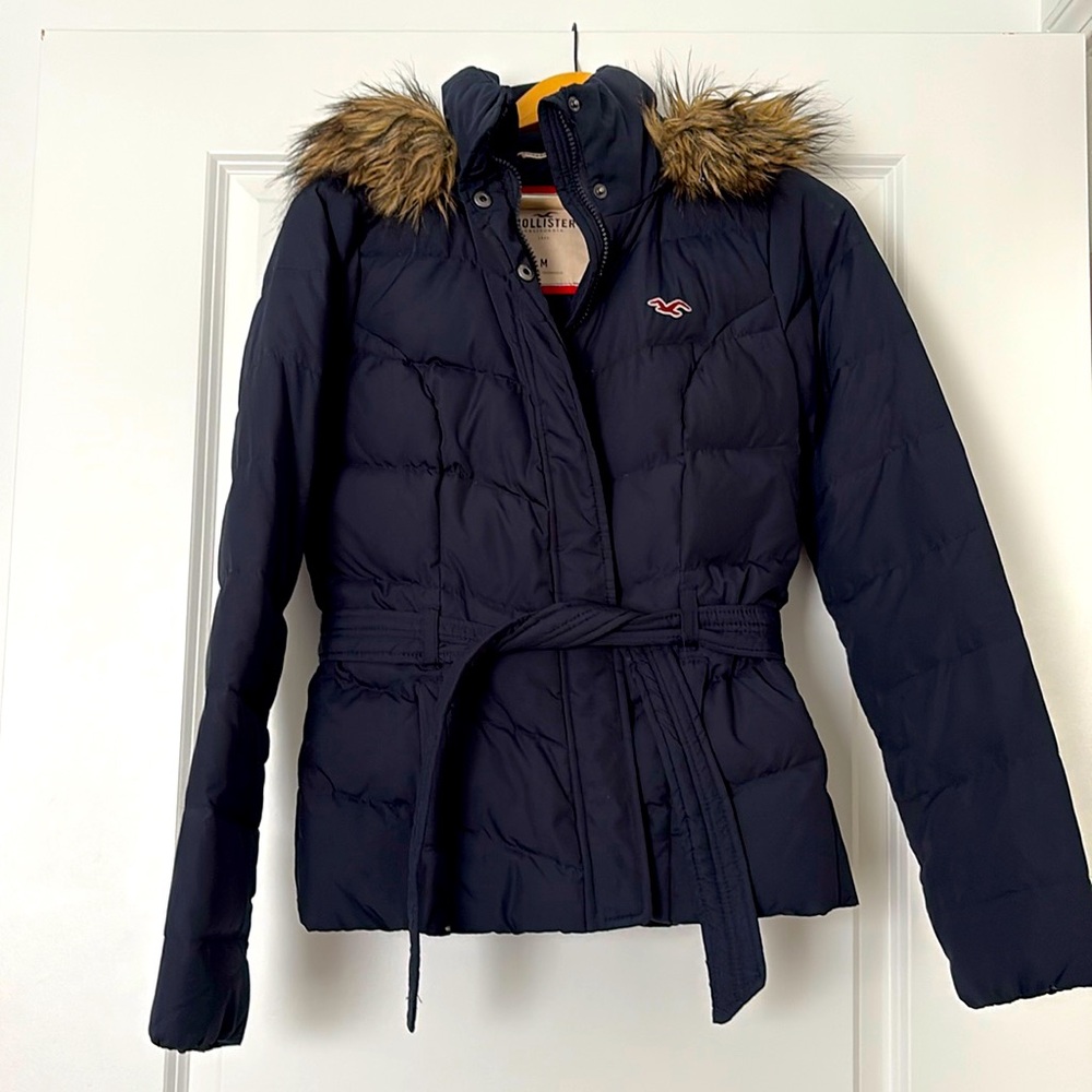 Hollister hooded navy puffer with button, zip, and tie closure